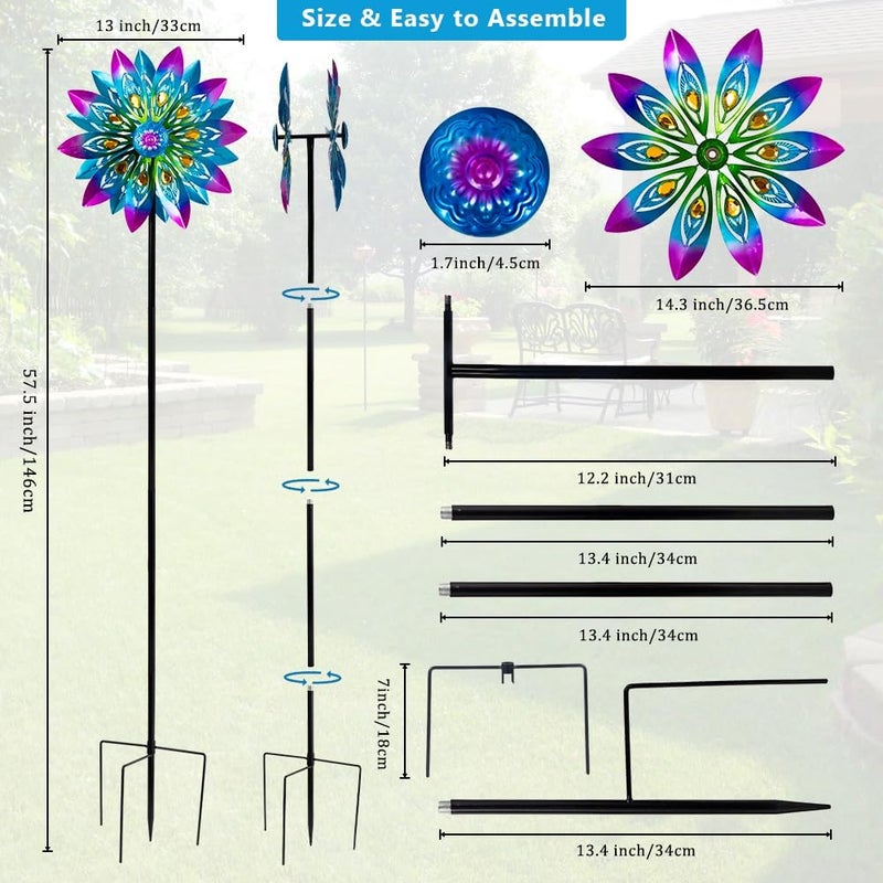 VEWOSTAR Metal Wind Spinner,13” Wind Spinners Outdoor,Peacock Windmill with Stake,Kinetic Wind Spinners for Yard and Garden,Multi-Color Pinwheels Yard Wind Sculptures,Waterproof Spinner for Patio Lawn - Image 3